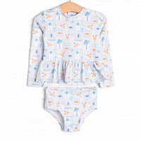 Santorini Stamps Long Sleeve Rash Guard Bikini, Blue