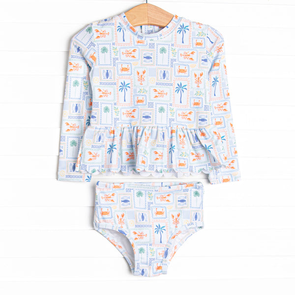 Santorini Stamps Long Sleeve Rash Guard Bikini, Blue