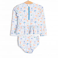 Santorini Stamps Long Sleeve Rash Guard Bikini, Blue