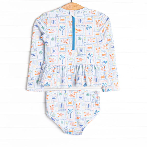 Santorini Stamps Long Sleeve Rash Guard Bikini, Blue