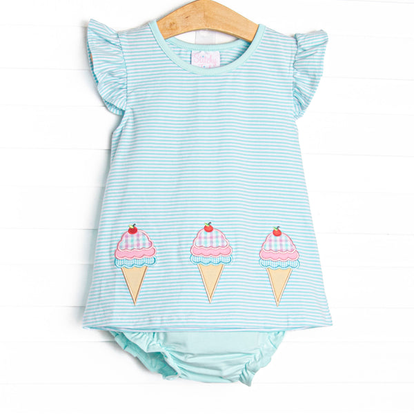 This set features an aqua striped print, flutter sleeves, and a trio of ice cream cone appliques.