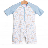 Ahoy Matey One Piece Rash Guard, Blue