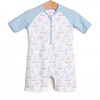 Ahoy Matey One Piece Rash Guard, Blue
