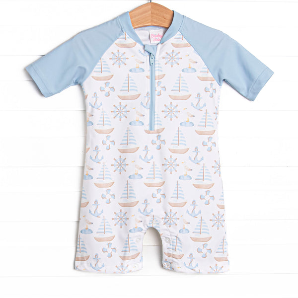 Ahoy Matey One Piece Rash Guard, Blue