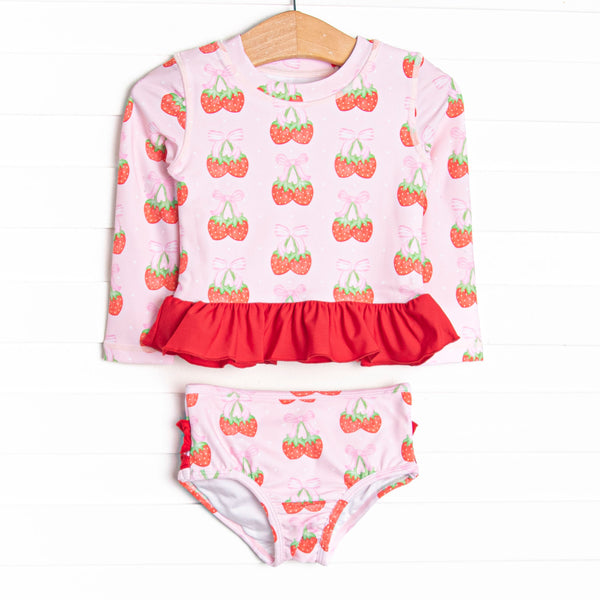 Strawberry Bundles Long Sleeve Rash Guard Bikini, Pink