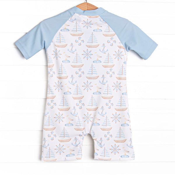 Ahoy Matey One Piece Rash Guard, Blue