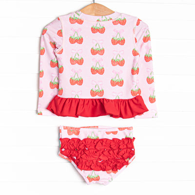 Strawberry Bundles Long Sleeve Rash Guard Bikini, Pink