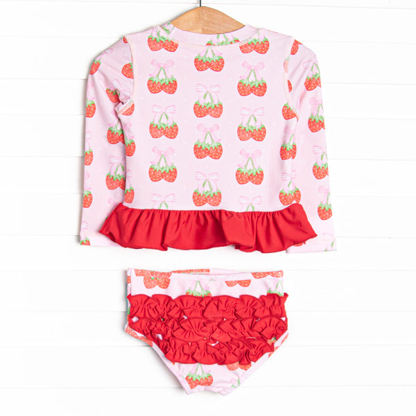 Strawberry Bundles Long Sleeve Rash Guard Bikini, Pink