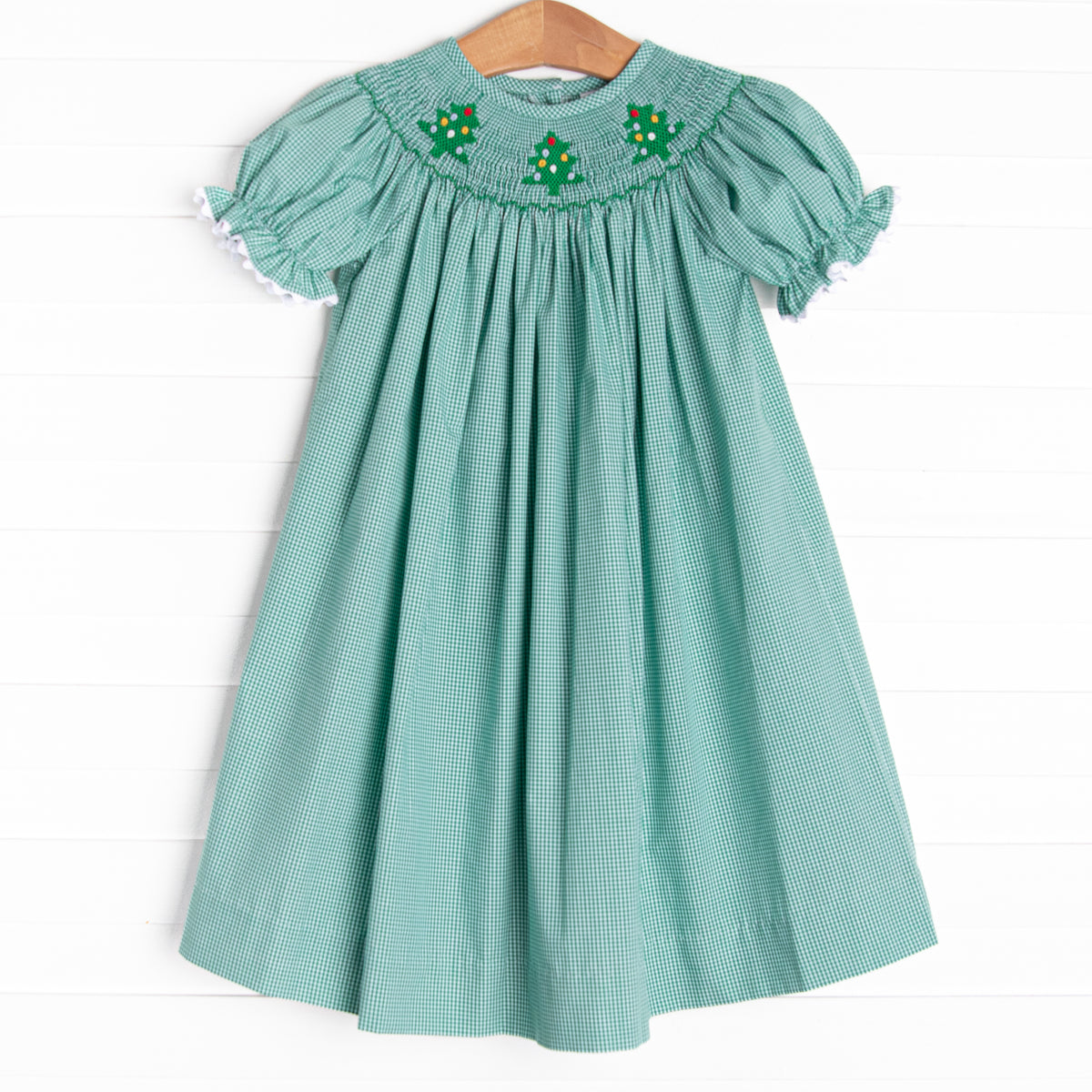 Christmas Tree Trio Smocked Dress, Green Gingham – Stitchy Fish