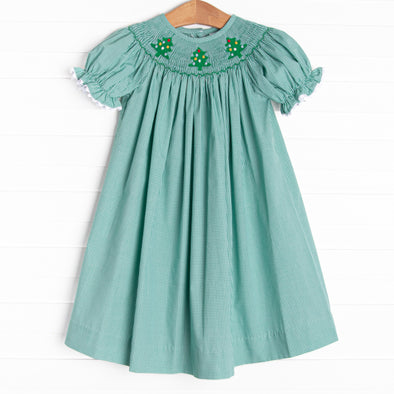 Christmas Tree Trio Smocked Dress, Green Gingham Stitchy Fish Christmas Tree Trio Smocked Dress, Green Gingham Stitchy Fish