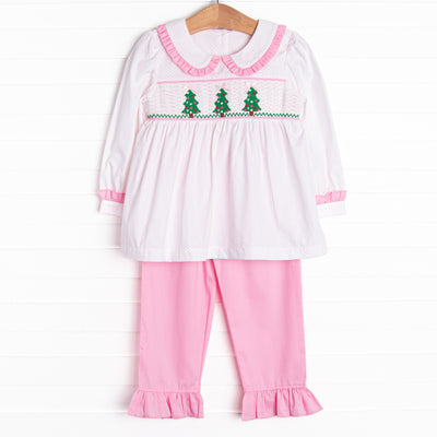 Dots and Decorations Smocked Ruffle Pant Set, Pink