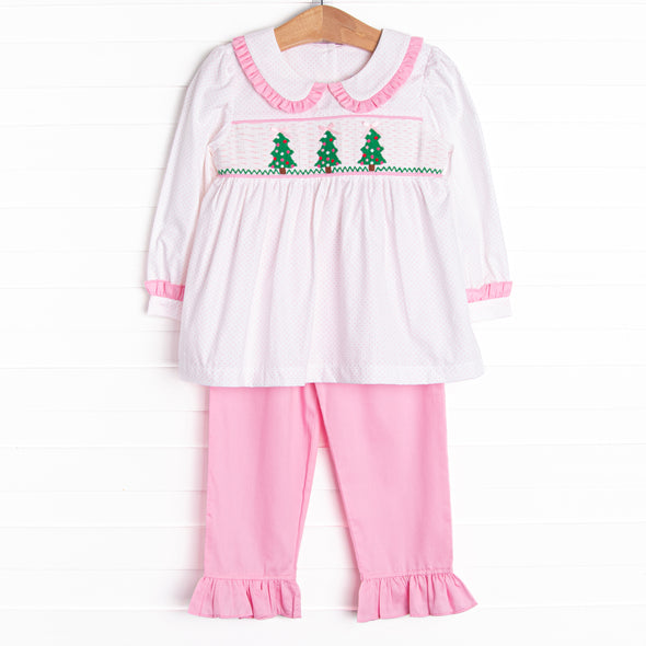 Dots and Decorations Smocked Ruffle Pant Set, Pink