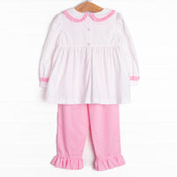 Dots and Decorations Smocked Ruffle Pant Set, Pink