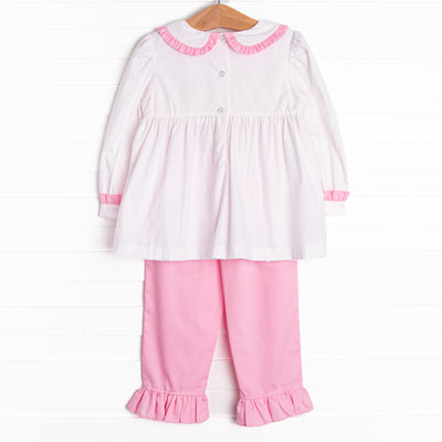Dots and Decorations Smocked Ruffle Pant Set, Pink