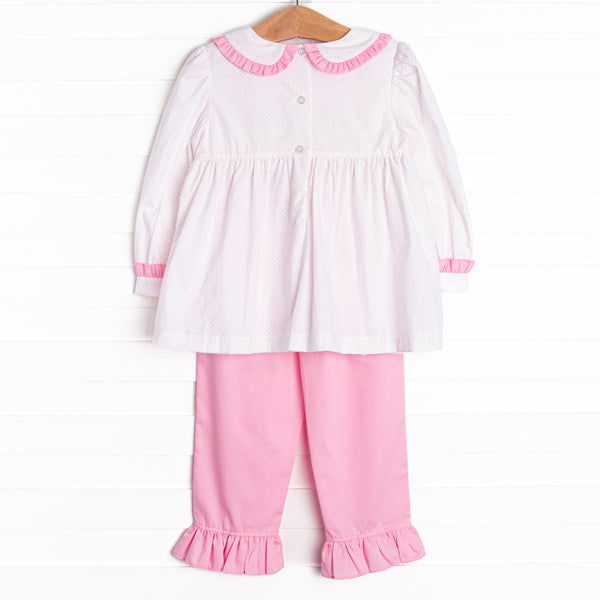 Dots and Decorations Smocked Ruffle Pant Set, Pink