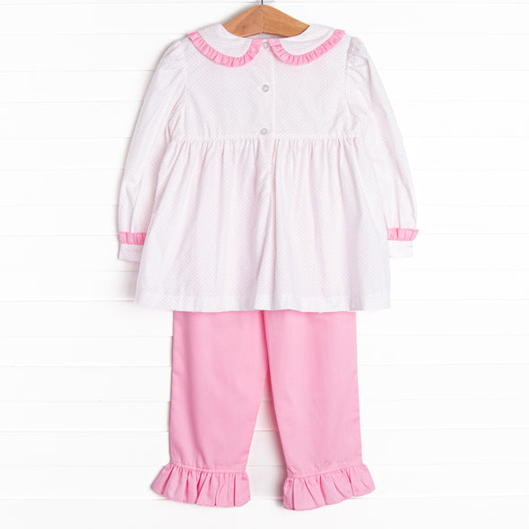 Dots and Decorations Smocked Ruffle Pant Set, Pink