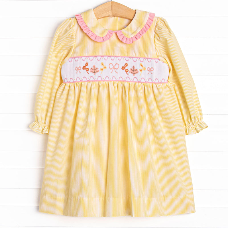 Frills and Fall Smocked Dress, Yellow Stitchy Fish Frills and Fall Smocked Dress, Yellow Stitchy Fish