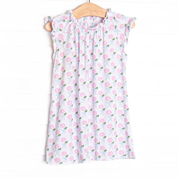 This gown is made of the extremely soft, stretchy bamboo viscose fabric that feels like butter and features a pink hydrangea and blue bow print.