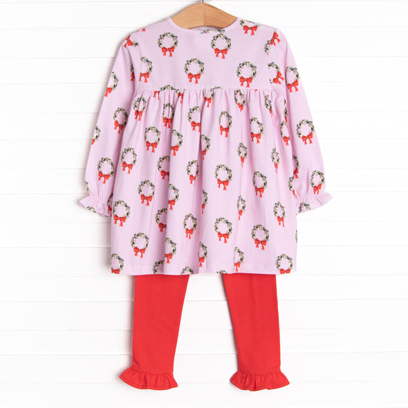 Holly Wreath Holiday Ruffle Legging Set, Pink