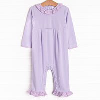 This romper features soft knit material, sweet purple stripes, and snaps in the stride to make changing a breeze.