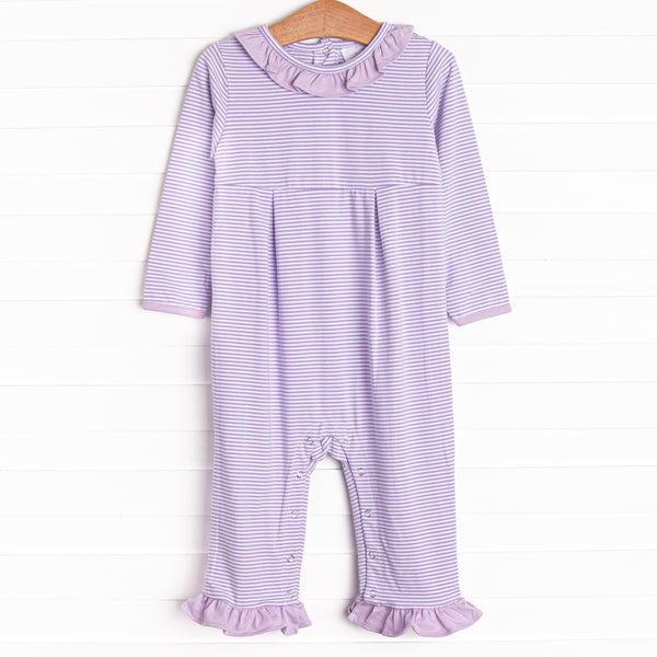 This romper features soft knit material, sweet purple stripes, and snaps in the stride to make changing a breeze.