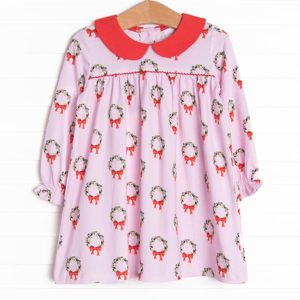 Holly Wreath Holiday Dress, Pink