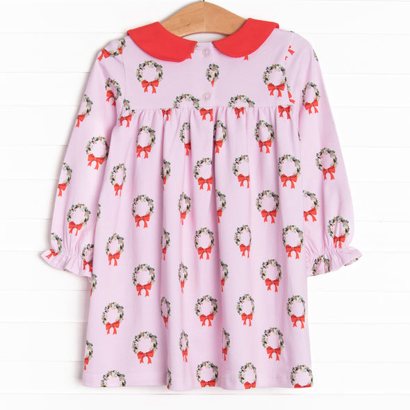 Holly Wreath Holiday Dress, Pink