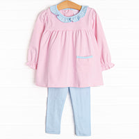 The set features soft knit material, sweet pink stripes, and coordinating light blue leggings to match.