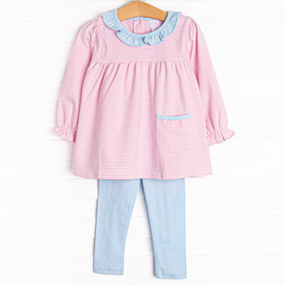 The set features soft knit material, sweet pink stripes, and coordinating light blue leggings to match.
