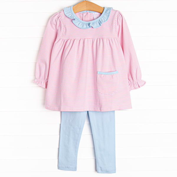 The set features soft knit material, sweet pink stripes, and coordinating light blue leggings to match.