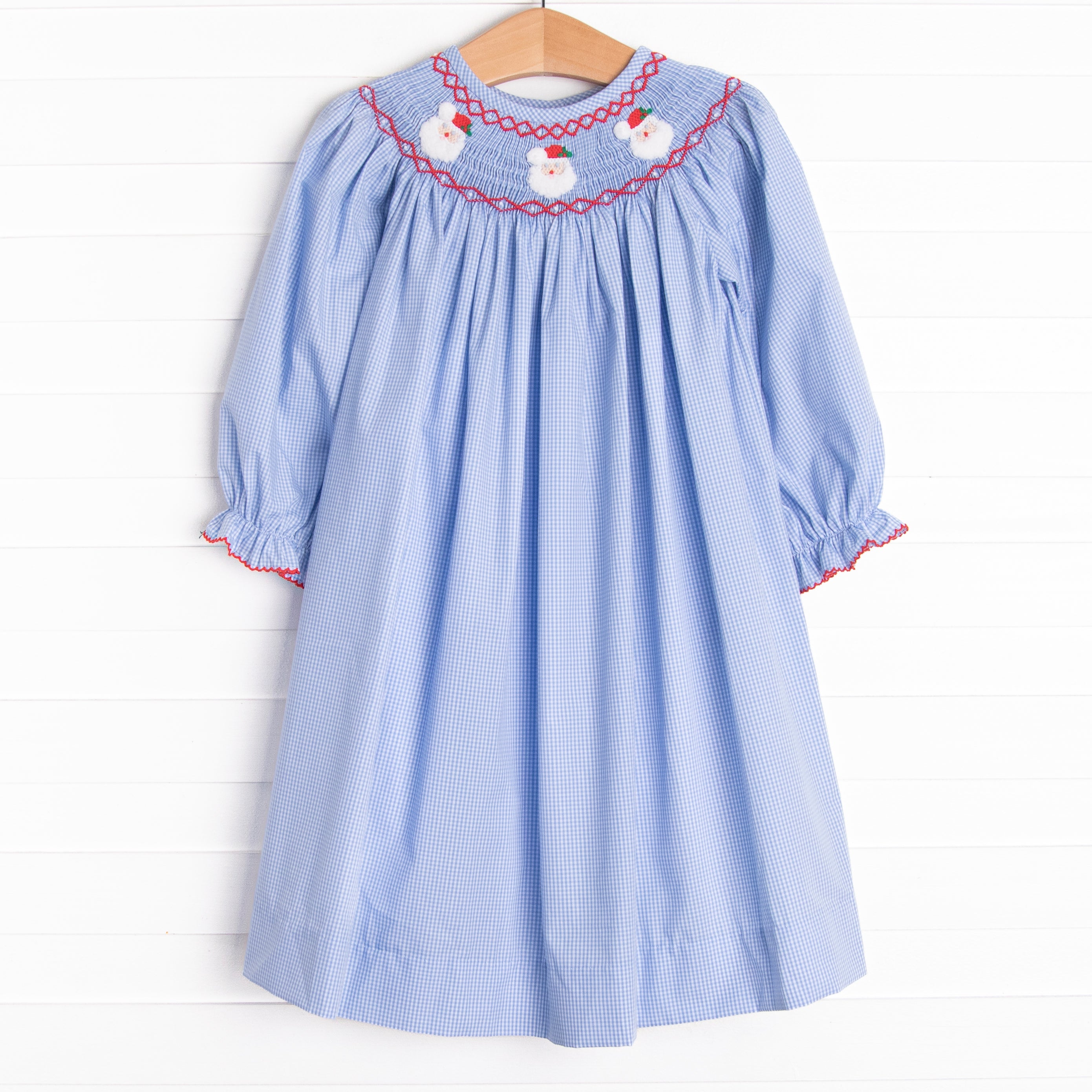 Christmas Claus Smocked Bishop Dress Blue Stitchy Fish