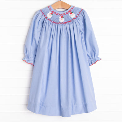 Christmas Claus Smocked Bishop Dress, Blue