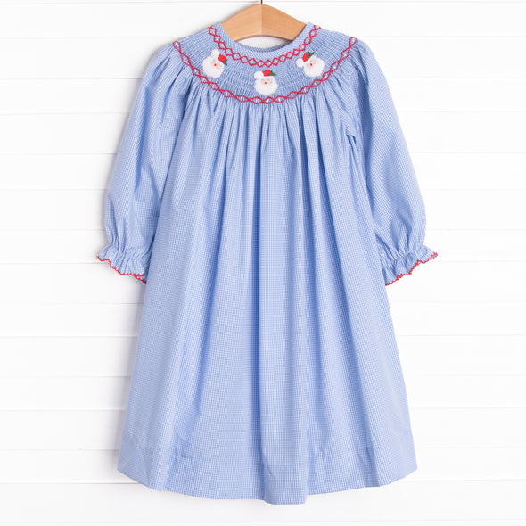 Christmas Claus Smocked Bishop Dress, Blue