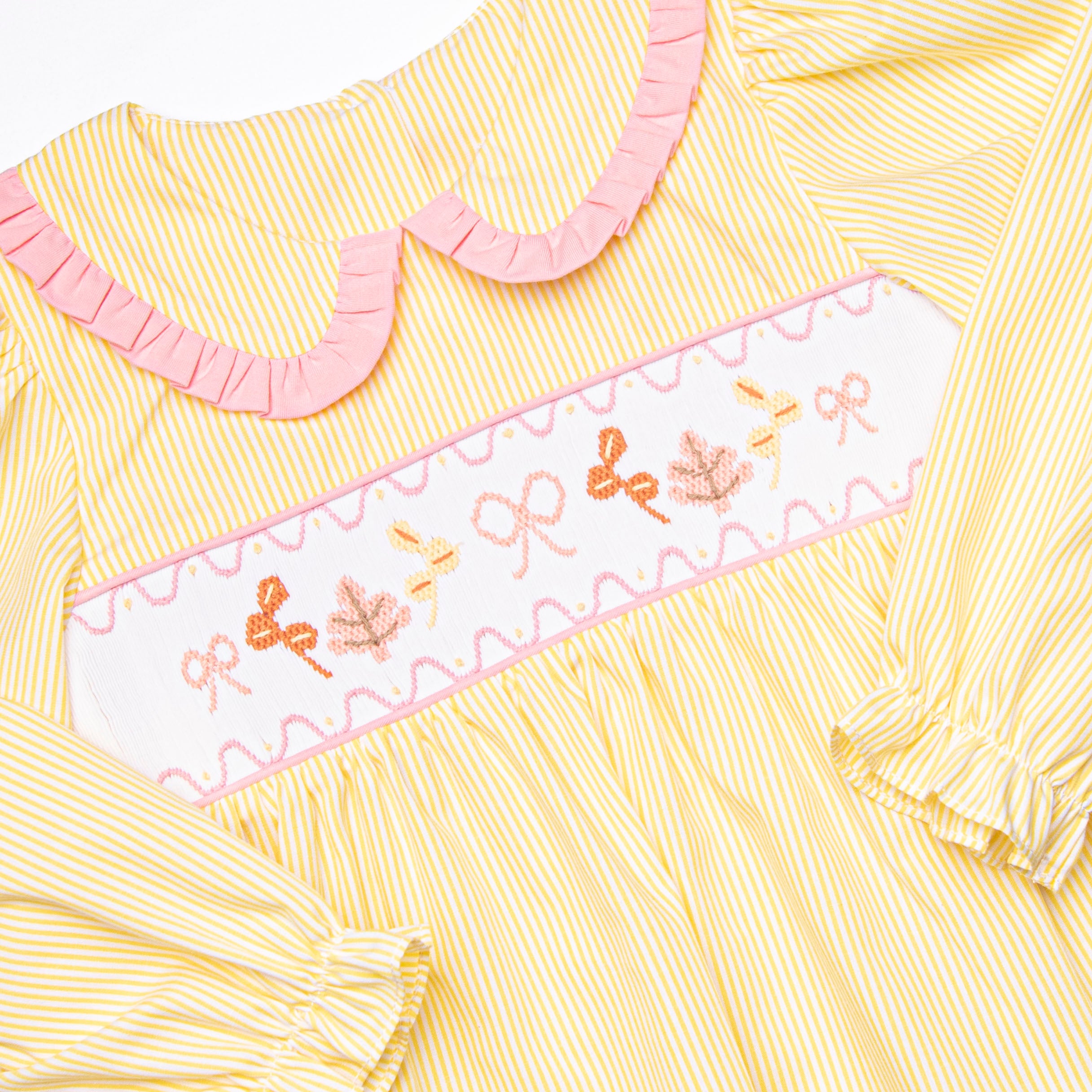 Frills and Fall Smocked Dress, Yellow Stitchy Fish Frills and Fall Smocked Dress, Yellow Stitchy Fish