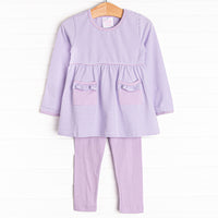  The set features soft knit material, sweet purple stripes, and coordinating purple leggings to match. 