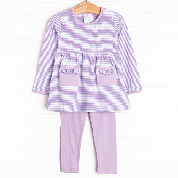  The set features soft knit material, sweet purple stripes, and coordinating purple leggings to match. 