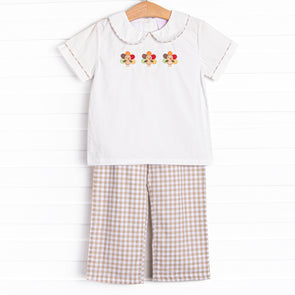 Thanksgiving Day Embroidered Pant Set, Tan
