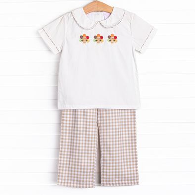 Thanksgiving Day Embroidered Pant Set, Tan