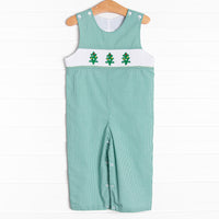 This classic jon jon is perfect for the holiday season! It is featured in green gingham with a trio of embroidered Christmas trees&nbsp;on a smocked panel across the chest.
