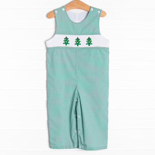 This classic jon jon is perfect for the holiday season! It is featured in green gingham with a trio of embroidered Christmas trees&nbsp;on a smocked panel across the chest.

