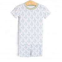 This set is made of the extremely soft, stretchy bamboo viscose fabric that feels like butter and features a blue floral and orange bow print.