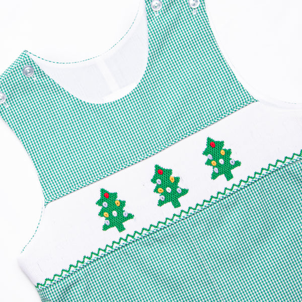 Christmas Tree Trio Smocked Jon Jon, Green Gingham