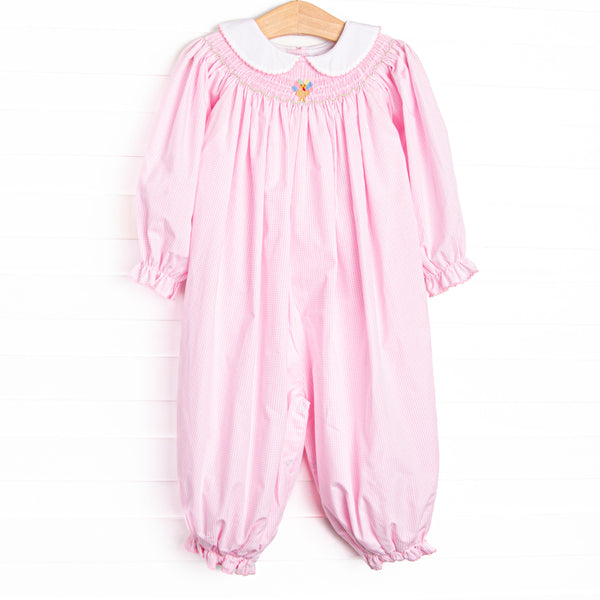 Technicolor Turkeys Smocked Romper, Pink