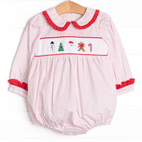  This bubble features a red bitty dot print, red ruffle trim, and an assortment of festive smockings. 