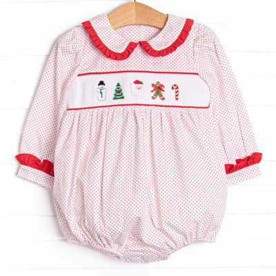  This bubble features a red bitty dot print, red ruffle trim, and an assortment of festive smockings. 