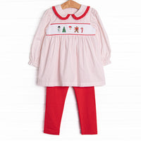 This set features a red bitty dot top with red ruffle trim and an assortment of festive smockings.
