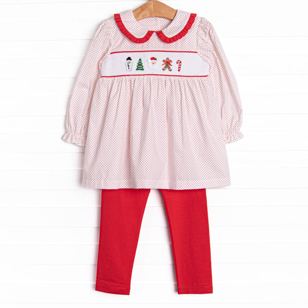 This set features a red bitty dot top with red ruffle trim and an assortment of festive smockings.