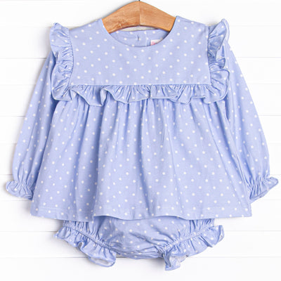 This set features periwinkle polka dots, ruffle trim, and matching diaper cover.