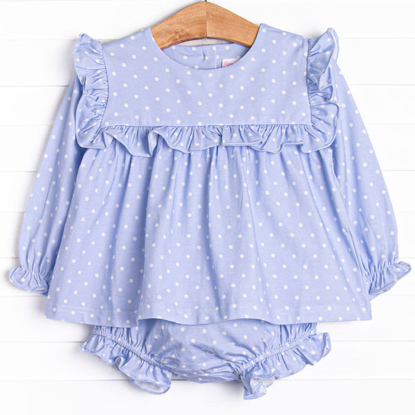 This set features periwinkle polka dots, ruffle trim, and matching diaper cover.
