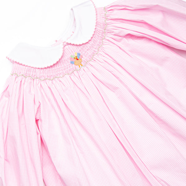 Technicolor Turkeys Smocked Romper, Pink